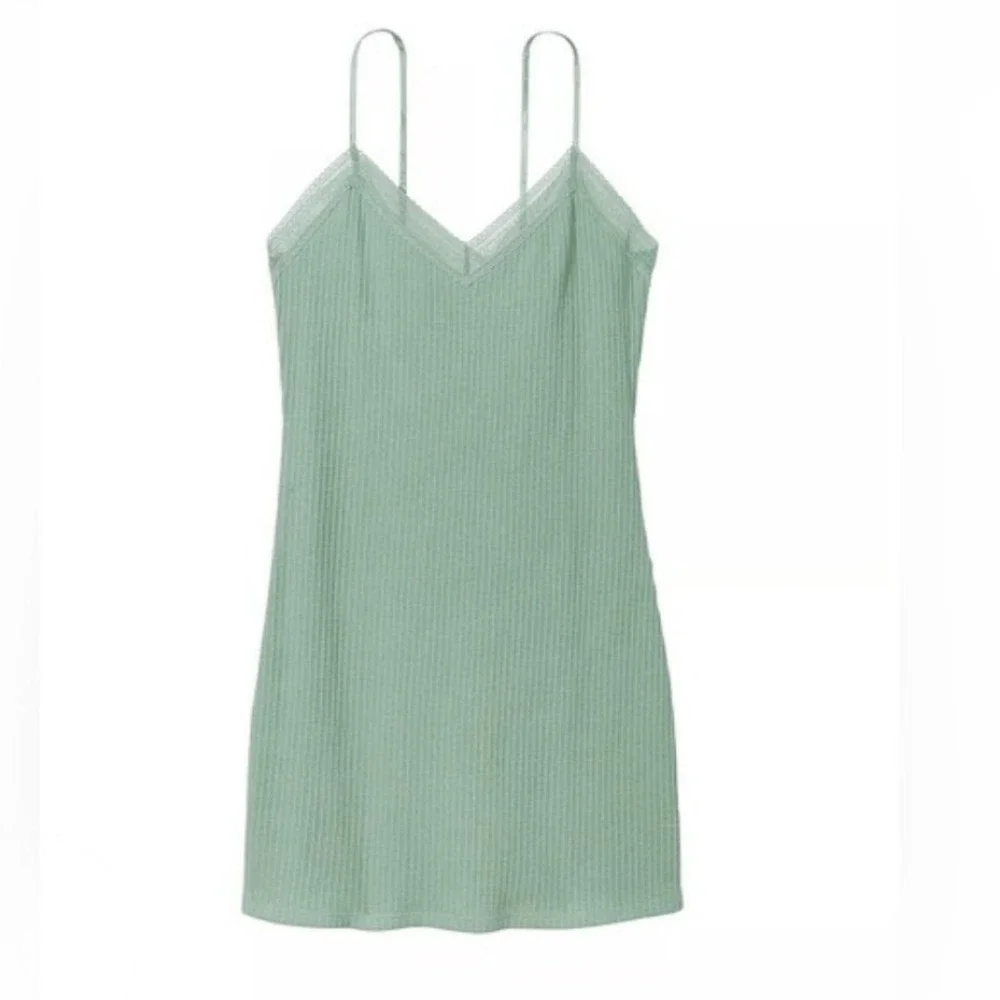 Victoria's Secret Light Sea Green Ribbed Lace Tank Top Sleepwear Nightgown Dress